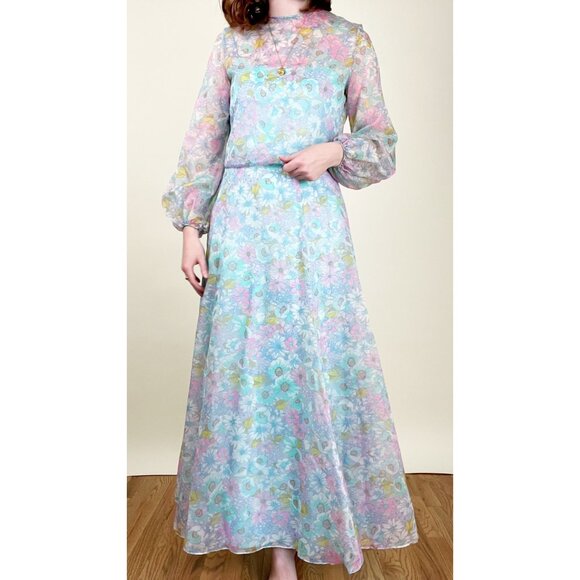 Vintage 70s Handmade Floral Gown Long Poof Puff Sleeve Princess Maxi Dress 1970s - Picture 8 of 8